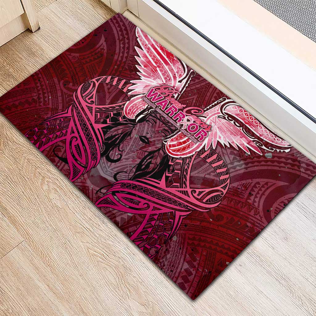 Breast Cancer Warrior Rubber Doormat Angel Wings Polynesian Pattern