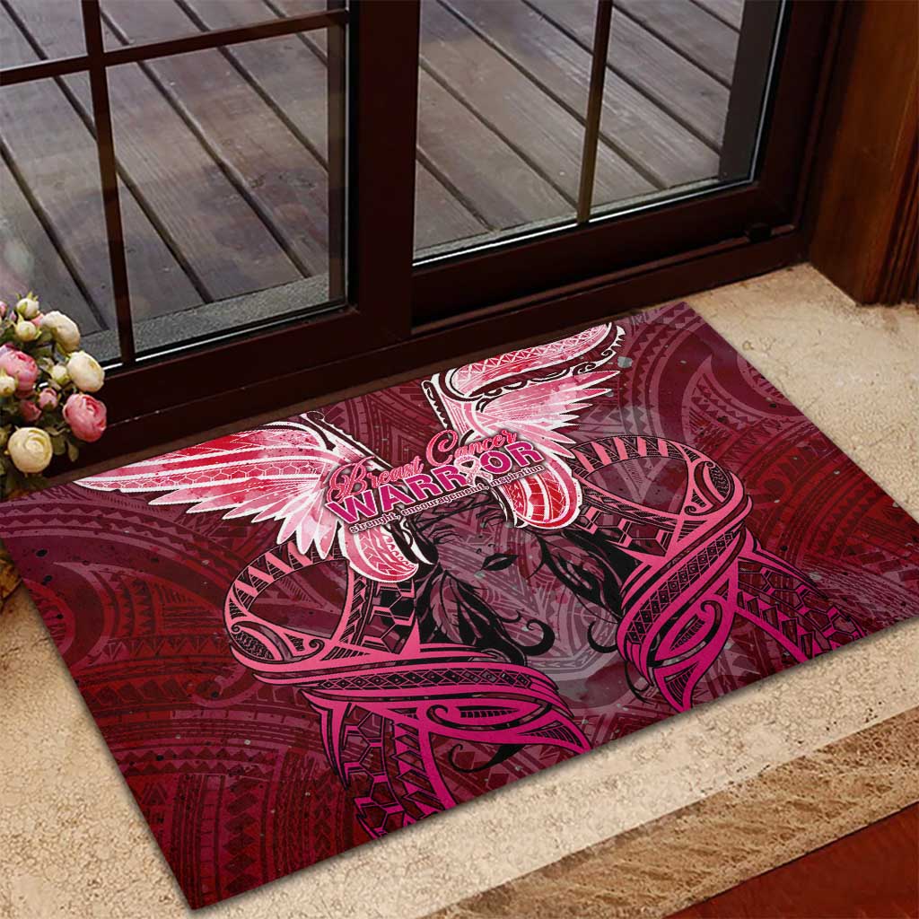Breast Cancer Warrior Rubber Doormat Angel Wings Polynesian Pattern