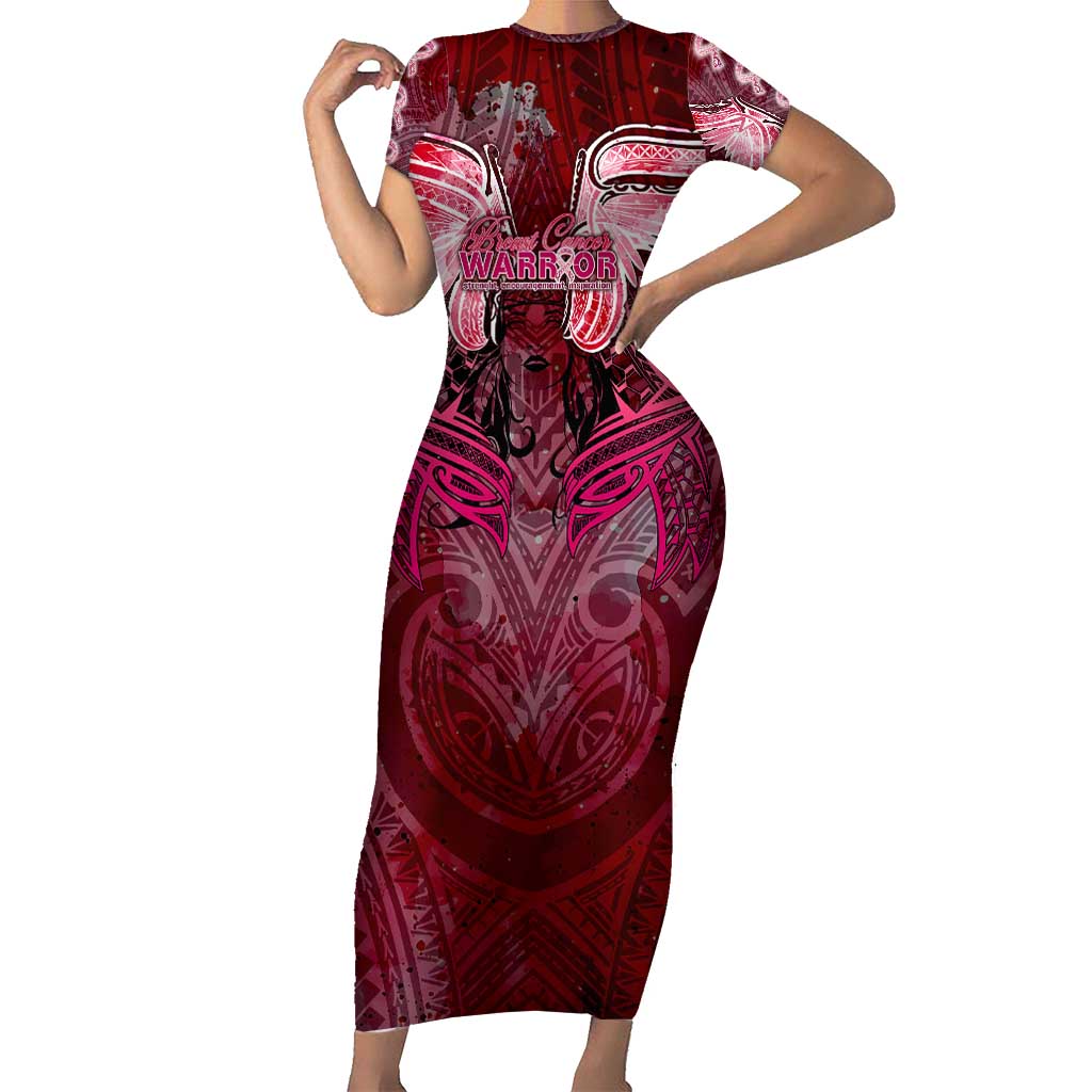 Breast Cancer Warrior Short Sleeve Bodycon Dress Angel Wings Polynesian Pattern