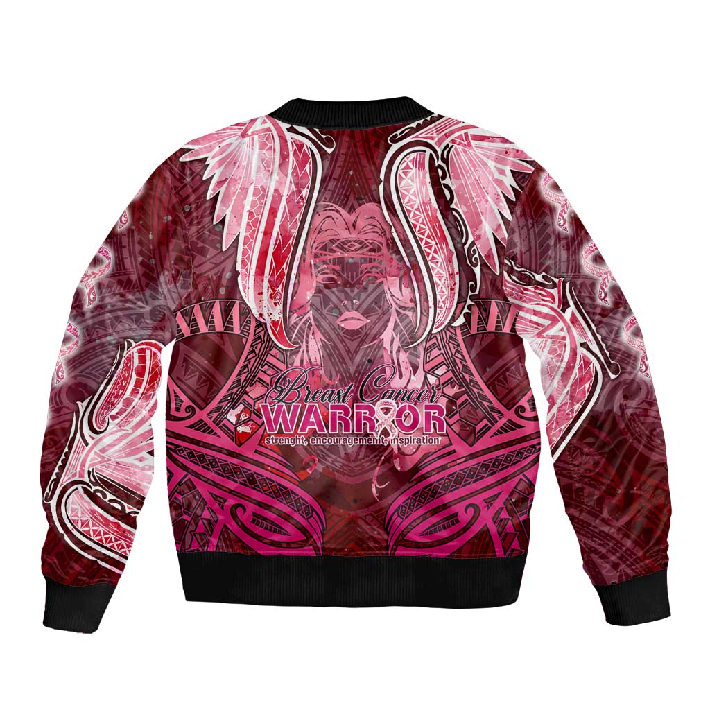 Breast Cancer Warrior Sleeve Zip Bomber Jacket Angel Wings Polynesian Pattern DT02 - Polynesian Pride