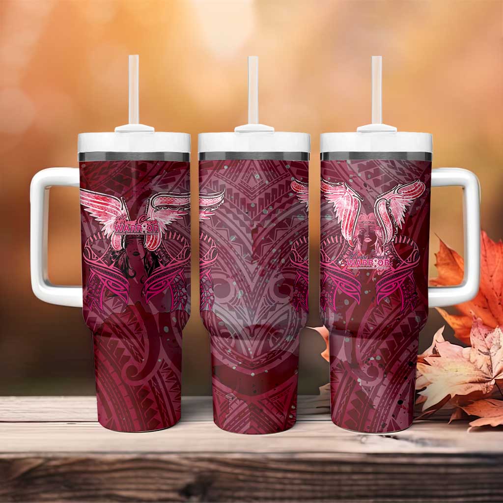 Breast Cancer Warrior Tumbler With Handle Angel Wings Polynesian Pattern
