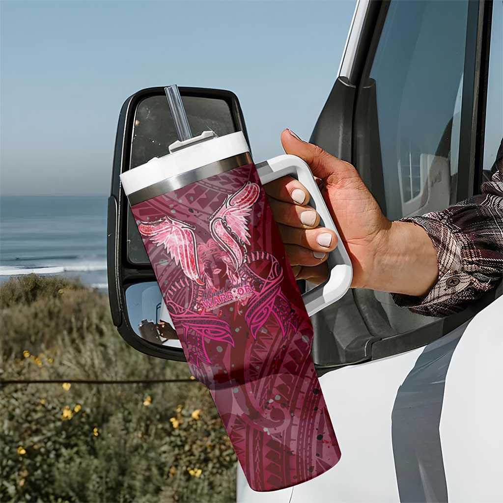 Breast Cancer Warrior Tumbler With Handle Angel Wings Polynesian Pattern