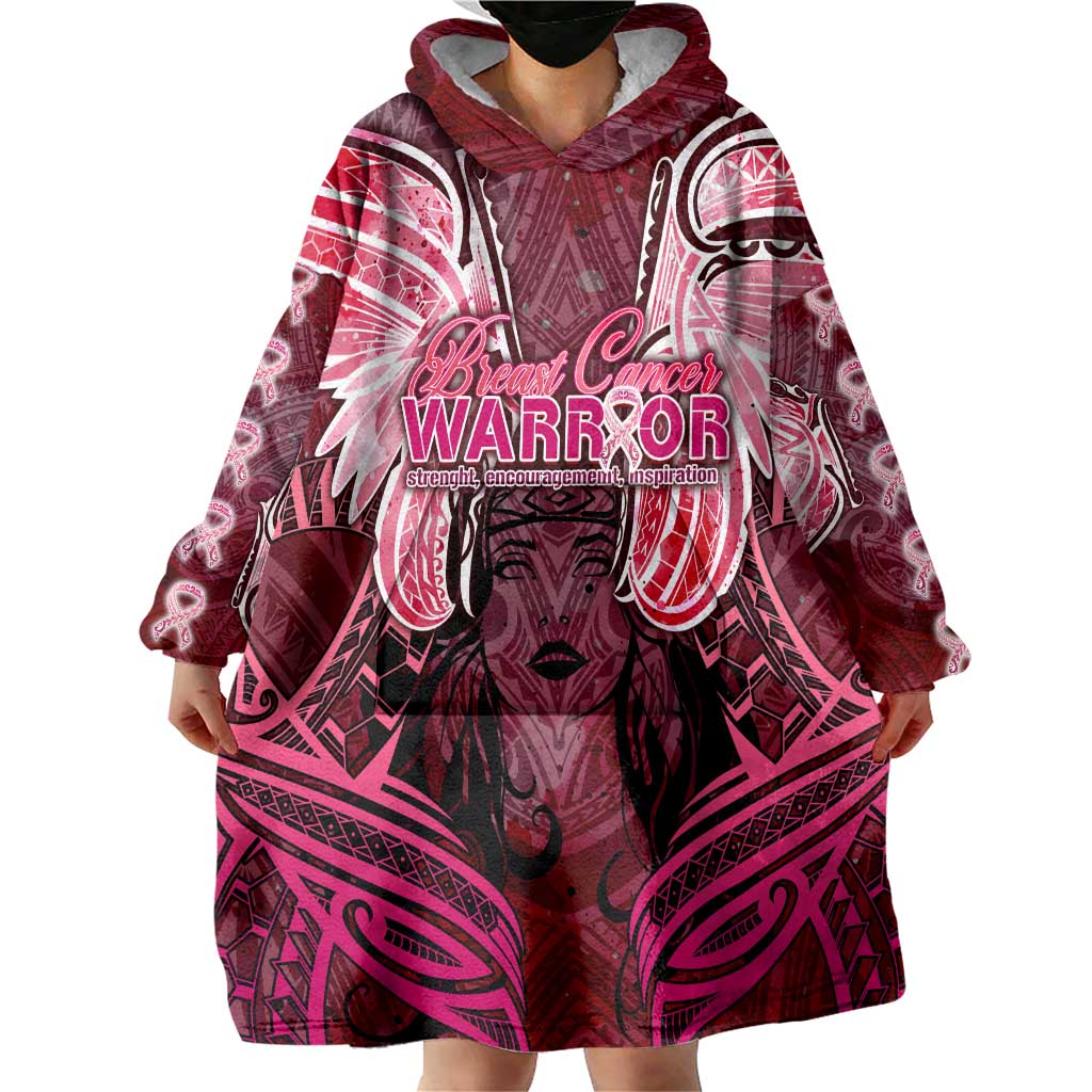 Breast Cancer Warrior Wearable Blanket Hoodie Angel Wings Polynesian Pattern