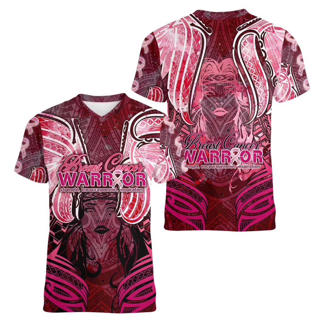 Breast Cancer Warrior Women V-Neck T-Shirt Angel Wings Polynesian Pattern