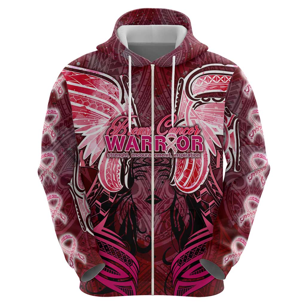 Breast Cancer Warrior Zip Hoodie Angel Wings Polynesian Pattern