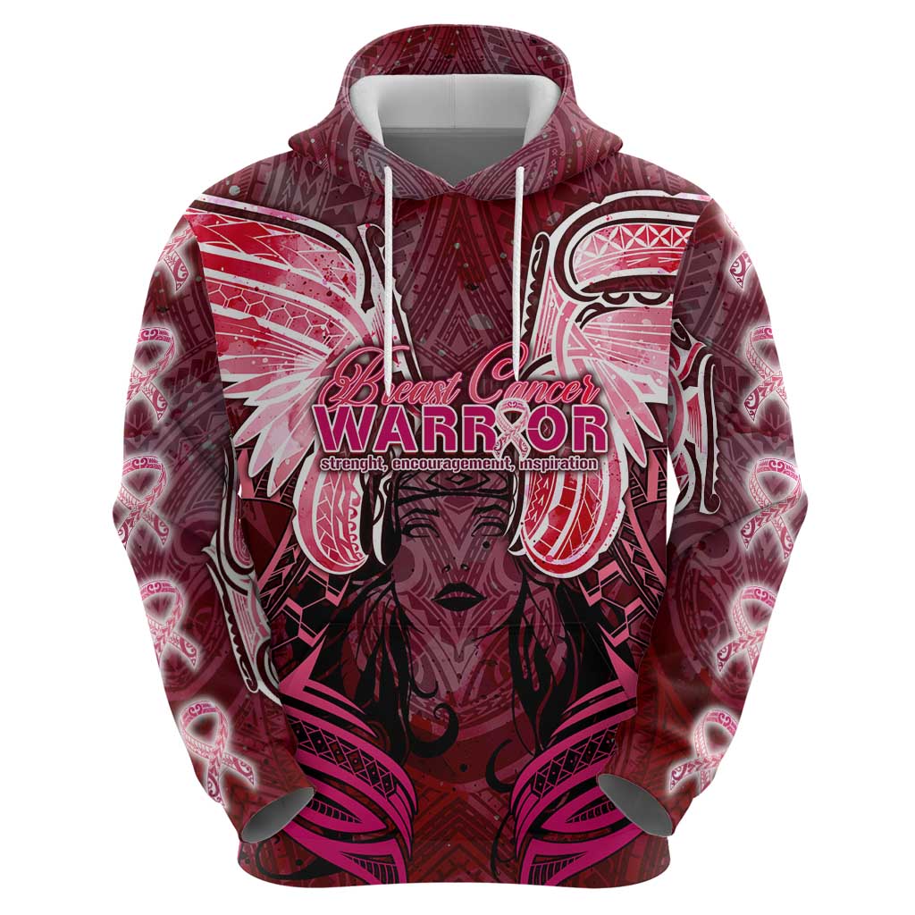 Breast Cancer Warrior Zip Hoodie Angel Wings Polynesian Pattern