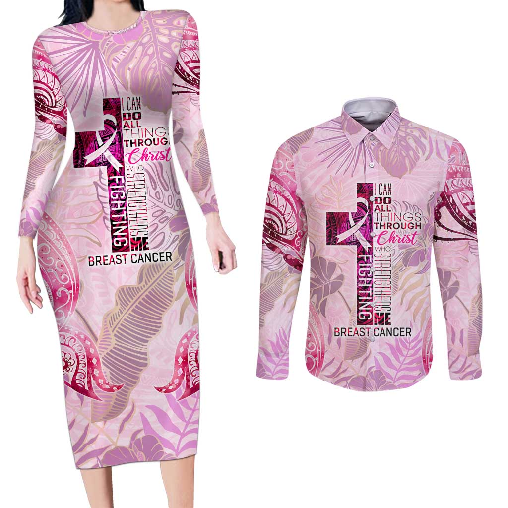 Breast Cancer Polynesian Couples Matching Long Sleeve Bodycon Dress and Long Sleeve Button Shirt I Can Do All Things Through Christ DT02 Pink - Polynesian Pride