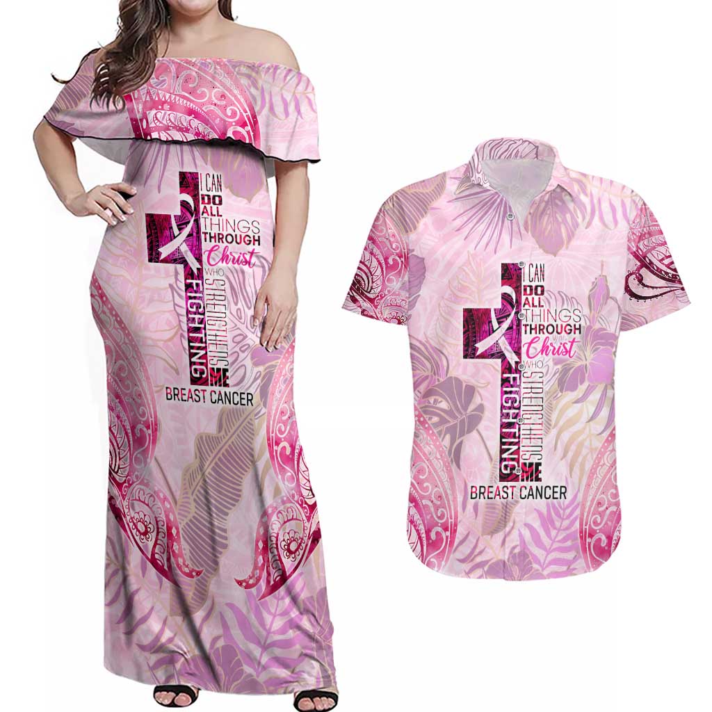 Breast Cancer Polynesian Couples Matching Off Shoulder Maxi Dress and Hawaiian Shirt I Can Do All Things Through Christ