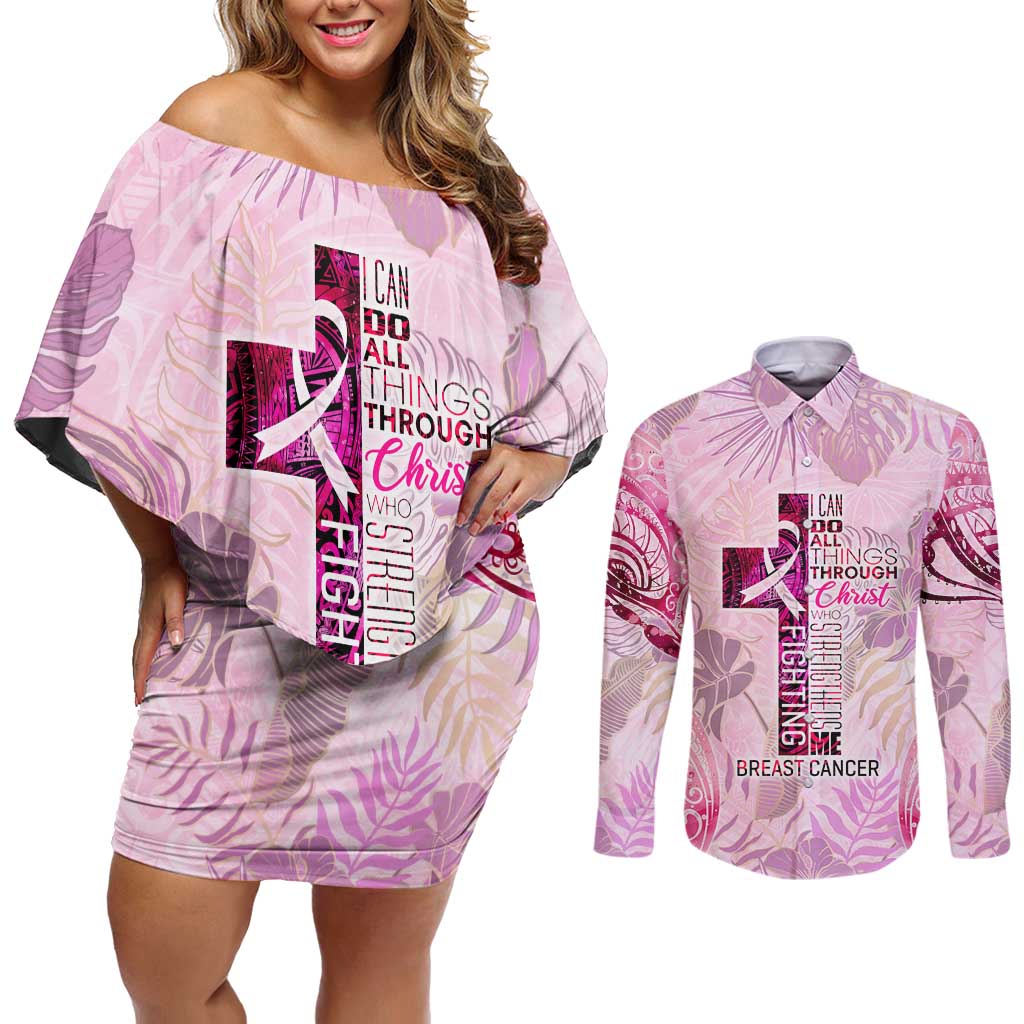 Breast Cancer Polynesian Couples Matching Off Shoulder Short Dress and Long Sleeve Button Shirt I Can Do All Things Through Christ DT02 Pink - Polynesian Pride