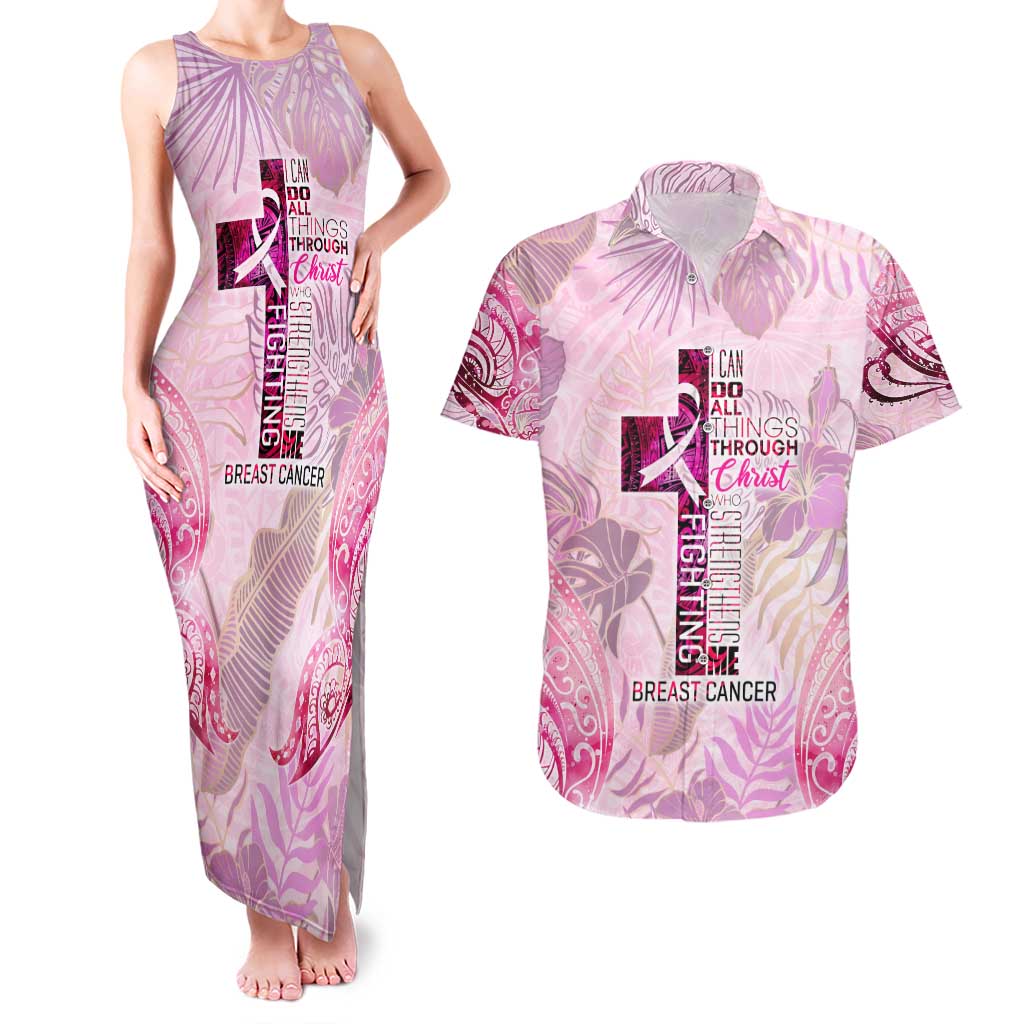 Breast Cancer Polynesian Couples Matching Tank Maxi Dress and Hawaiian Shirt I Can Do All Things Through Christ