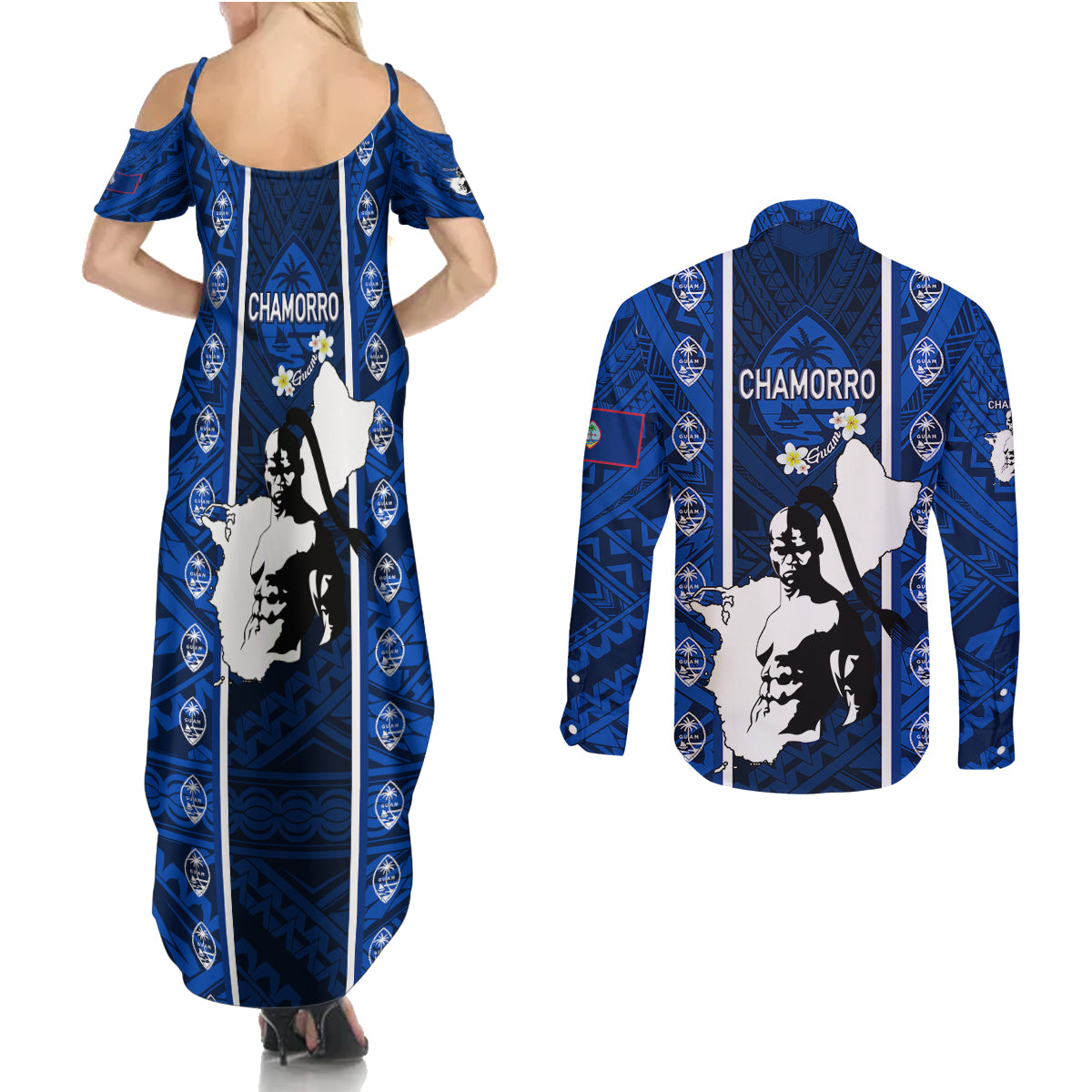 guam-chamorro-warrior-couples-matching-summer-maxi-dress-and-long-sleeve-button-shirts-traditional-tribal-patterns