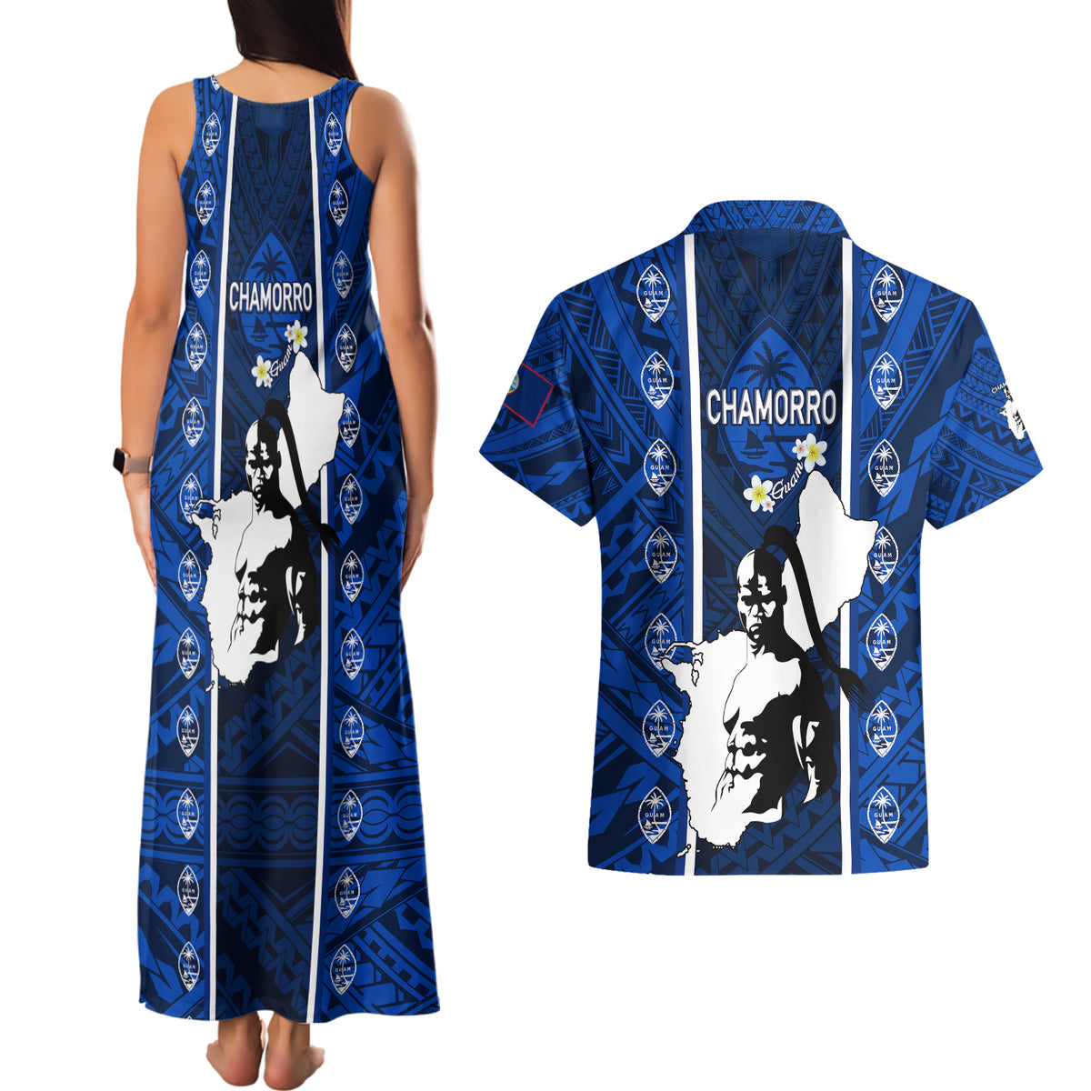 guam-chamorro-warrior-couples-matching-tank-maxi-dress-and-hawaiian-shirt-traditional-tribal-patterns