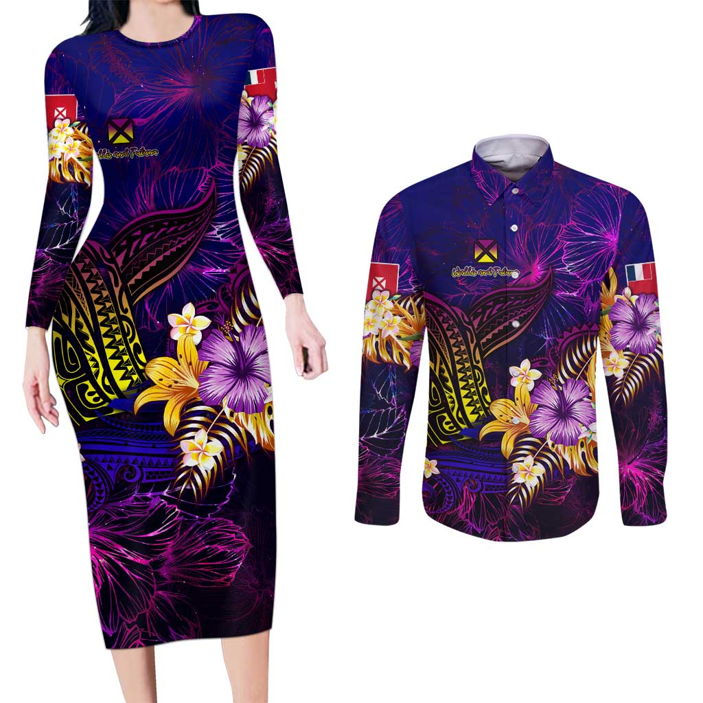 Wallis and Futuna Couples Matching Long Sleeve Bodycon Dress and Long Sleeve Button Shirt Whale Hibiscus Polynesian