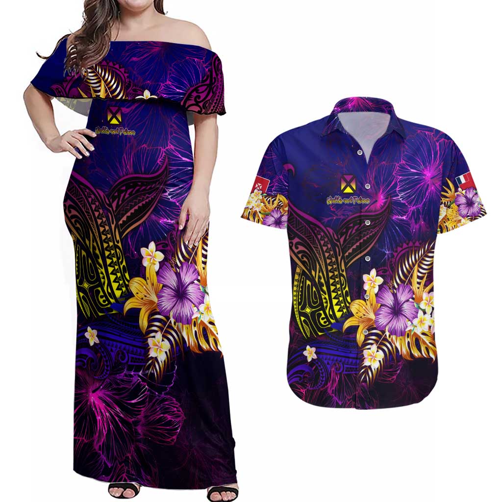 Wallis and Futuna Couples Matching Off Shoulder Maxi Dress and Hawaiian Shirt Whale Hibiscus Polynesian