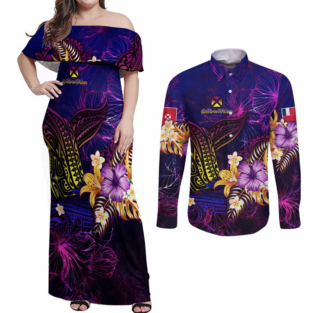 Wallis and Futuna Couples Matching Off Shoulder Maxi Dress and Long Sleeve Button Shirt Whale Hibiscus Polynesian