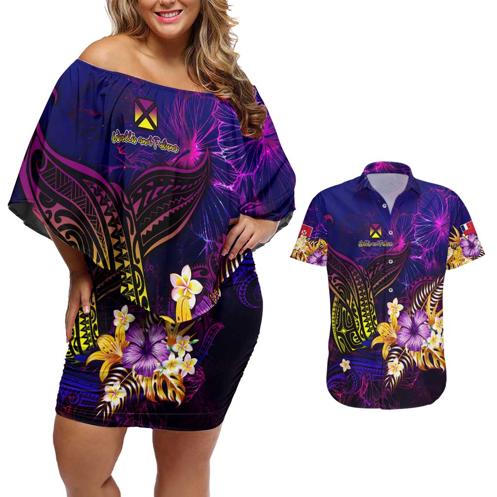 Wallis and Futuna Couples Matching Off Shoulder Short Dress and Hawaiian Shirt Whale Hibiscus Polynesian