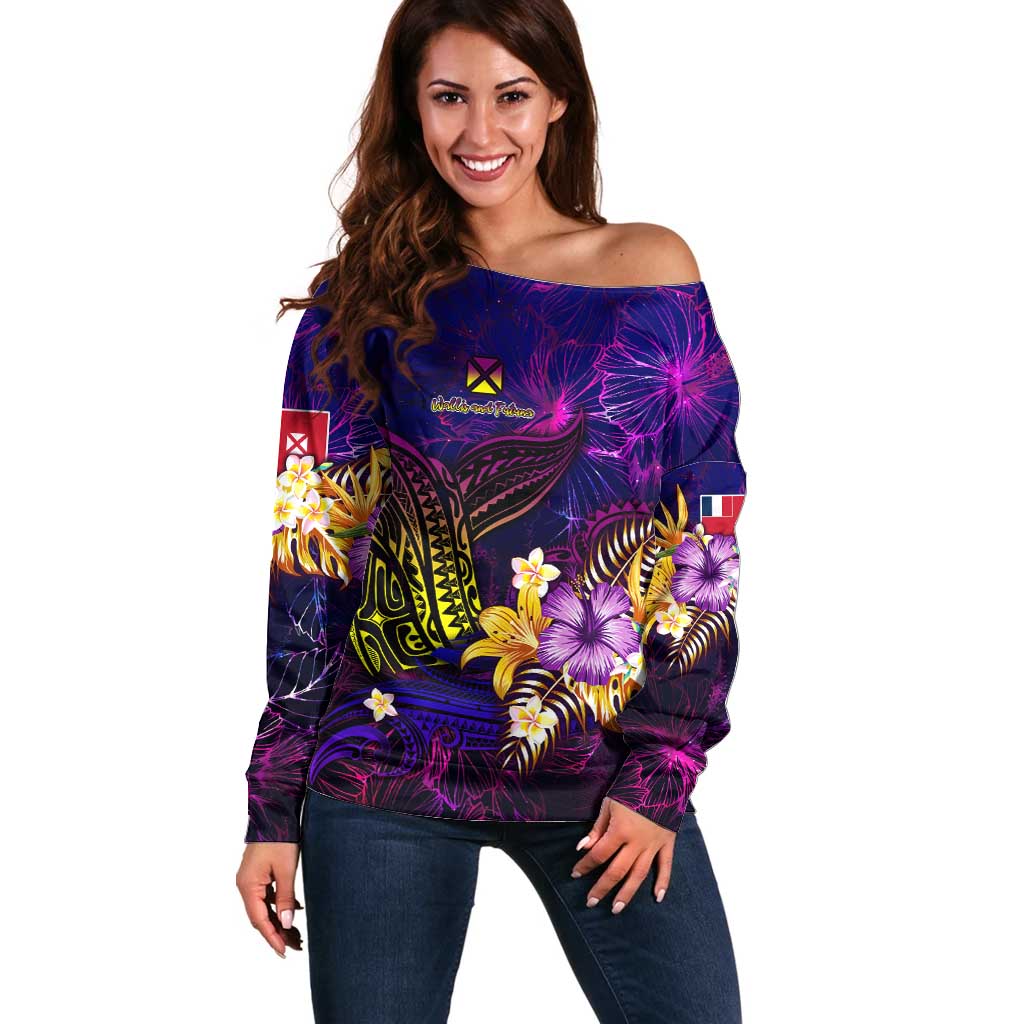 Wallis and Futuna Off Shoulder Sweater Whale Hibiscus Polynesian