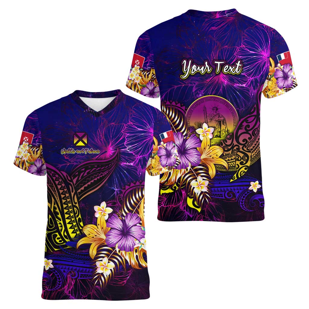 Wallis and Futuna Women V-Neck T-Shirt Whale Hibiscus Polynesian