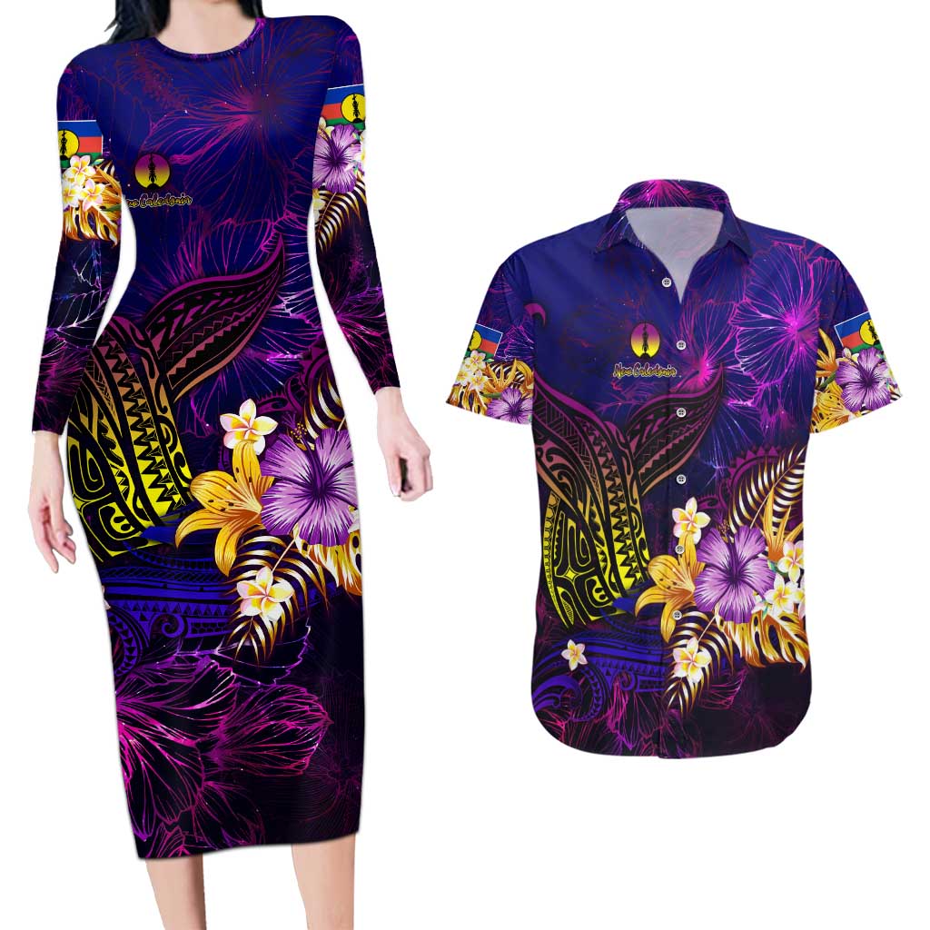 New Caledonia Couples Matching Long Sleeve Bodycon Dress and Hawaiian Shirt Whale Hibiscus Polynesian