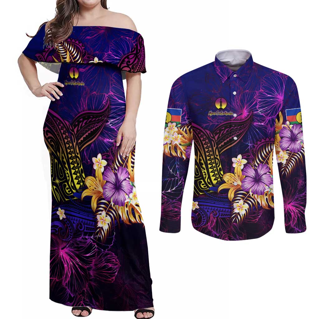 New Caledonia Couples Matching Off Shoulder Maxi Dress and Long Sleeve Button Shirt Whale Hibiscus Polynesian