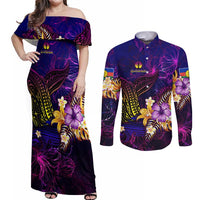 New Caledonia Couples Matching Off Shoulder Maxi Dress and Long Sleeve Button Shirt Whale Hibiscus Polynesian