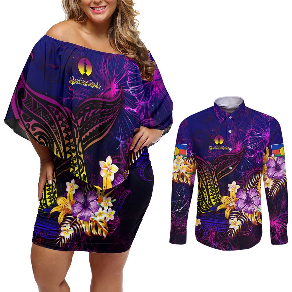 New Caledonia Couples Matching Off Shoulder Short Dress and Long Sleeve Button Shirt Whale Hibiscus Polynesian