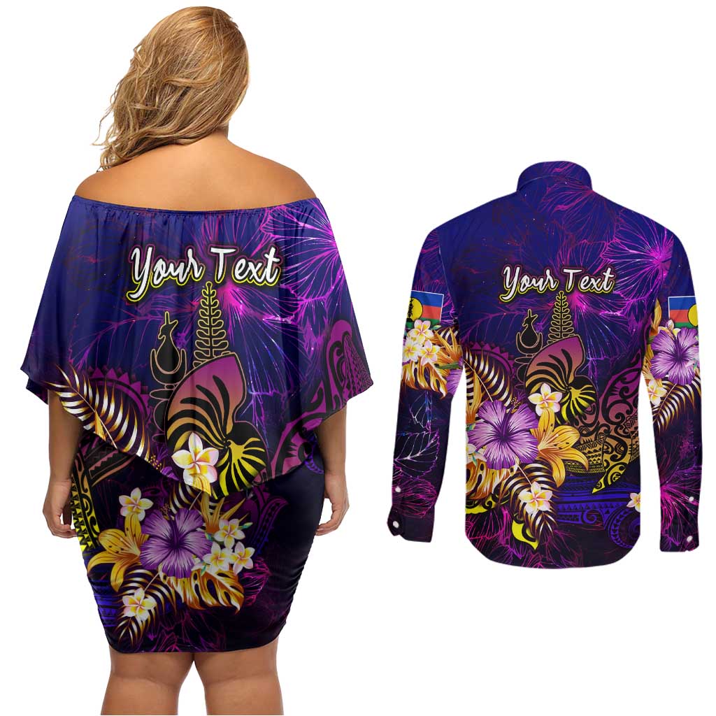 New Caledonia Couples Matching Off Shoulder Short Dress and Long Sleeve Button Shirt Whale Hibiscus Polynesian