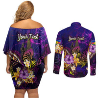 New Caledonia Couples Matching Off Shoulder Short Dress and Long Sleeve Button Shirt Whale Hibiscus Polynesian