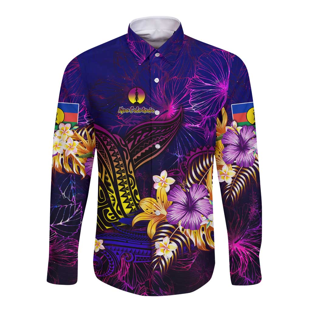 New Caledonia Long Sleeve Button Shirt Whale Hibiscus Polynesian