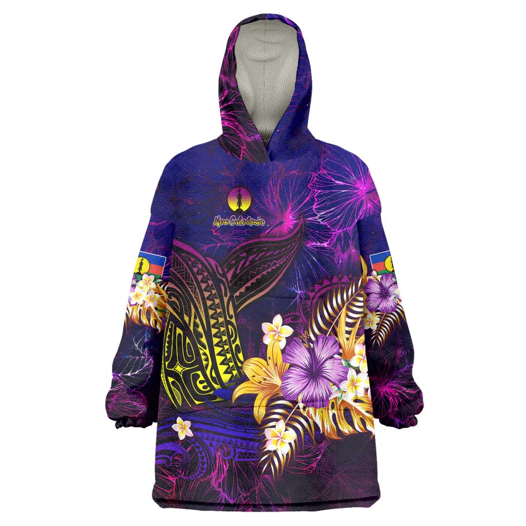 New Caledonia Wearable Blanket Hoodie Whale Hibiscus Polynesian