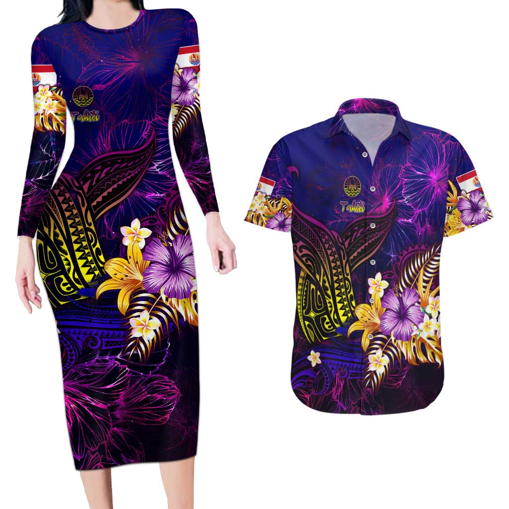 Tahiti French Polynesia Couples Matching Long Sleeve Bodycon Dress and Hawaiian Shirt Whale Hibiscus Polynesian DT02 Purple - Polynesian Pride