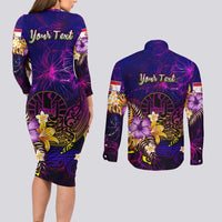 Tahiti French Polynesia Couples Matching Long Sleeve Bodycon Dress and Long Sleeve Button Shirt Whale Hibiscus Polynesian