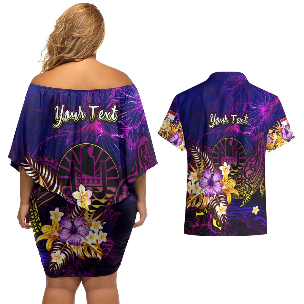 Tahiti French Polynesia Couples Matching Off Shoulder Short Dress and Hawaiian Shirt Whale Hibiscus Polynesian