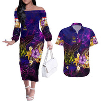 Tahiti French Polynesia Couples Matching Off The Shoulder Long Sleeve Dress and Hawaiian Shirt Whale Hibiscus Polynesian DT02 Purple - Polynesian Pride