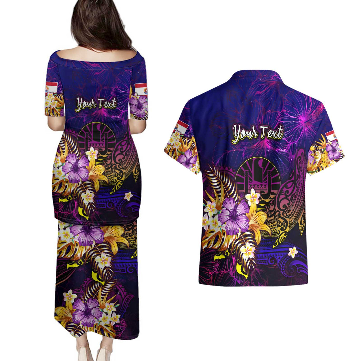 Tahiti French Polynesia Couples Matching Puletasi and Hawaiian Shirt Whale Hibiscus Polynesian