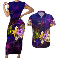 Tahiti French Polynesia Couples Matching Short Sleeve Bodycon Dress and Hawaiian Shirt Whale Hibiscus Polynesian DT02 Purple - Polynesian Pride