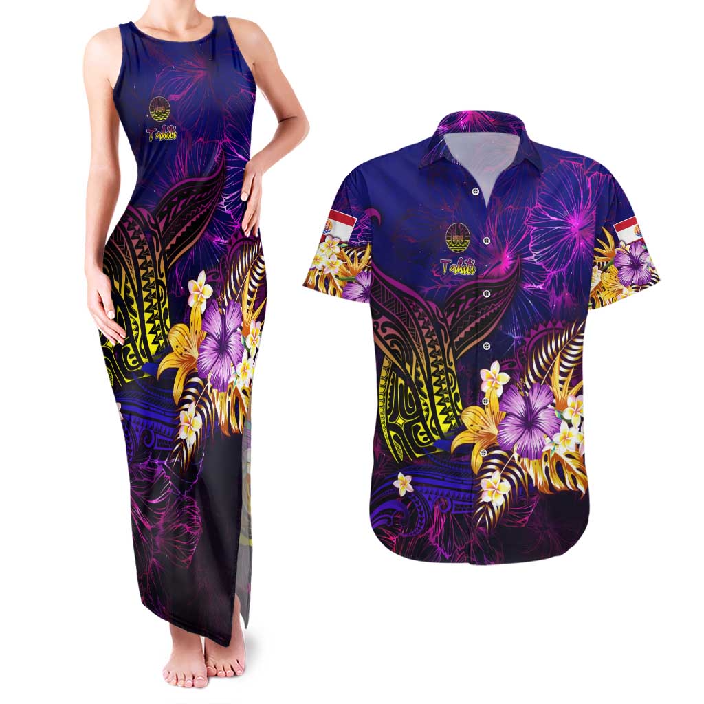 Tahiti French Polynesia Couples Matching Tank Maxi Dress and Hawaiian Shirt Whale Hibiscus Polynesian