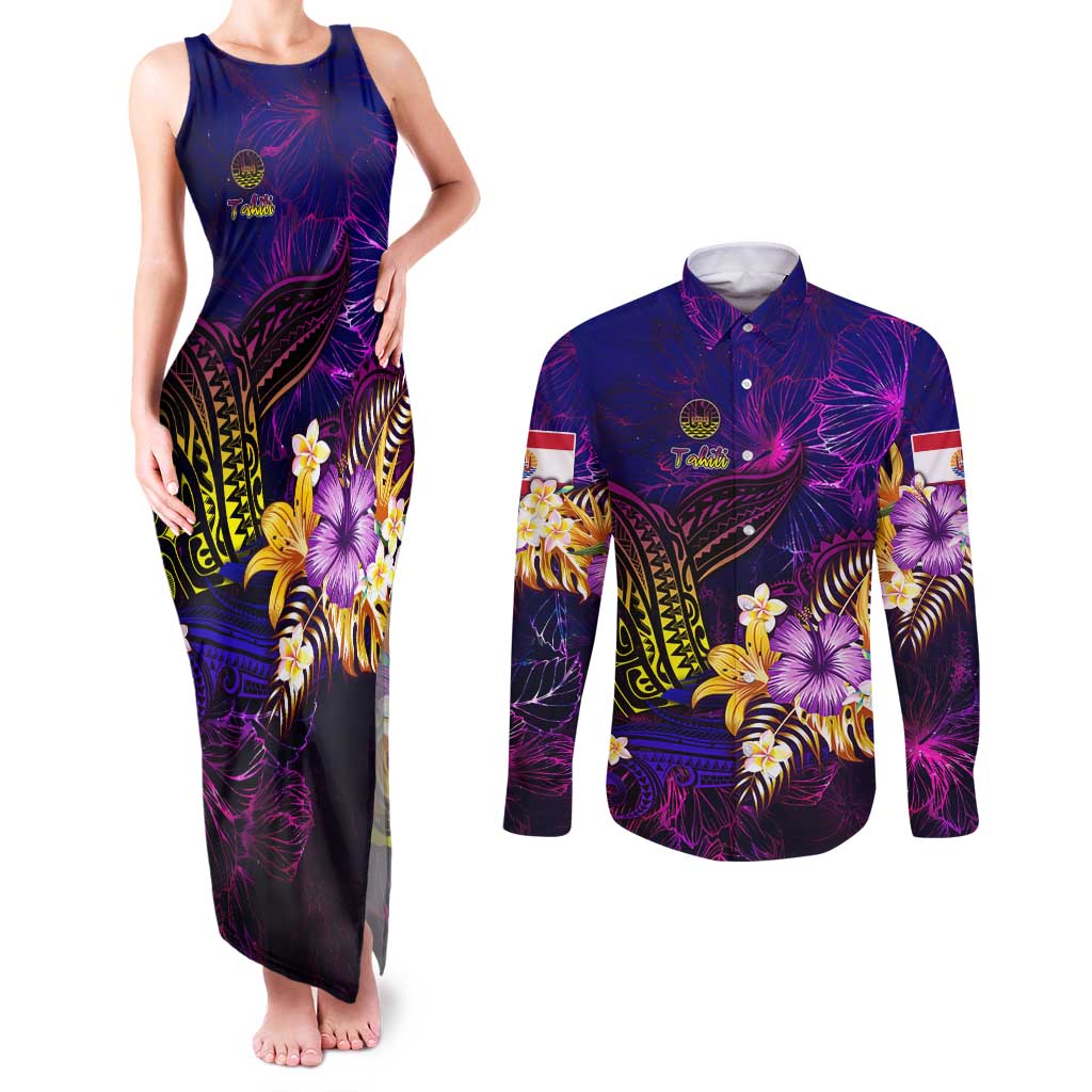 Tahiti French Polynesia Couples Matching Tank Maxi Dress and Long Sleeve Button Shirt Whale Hibiscus Polynesian
