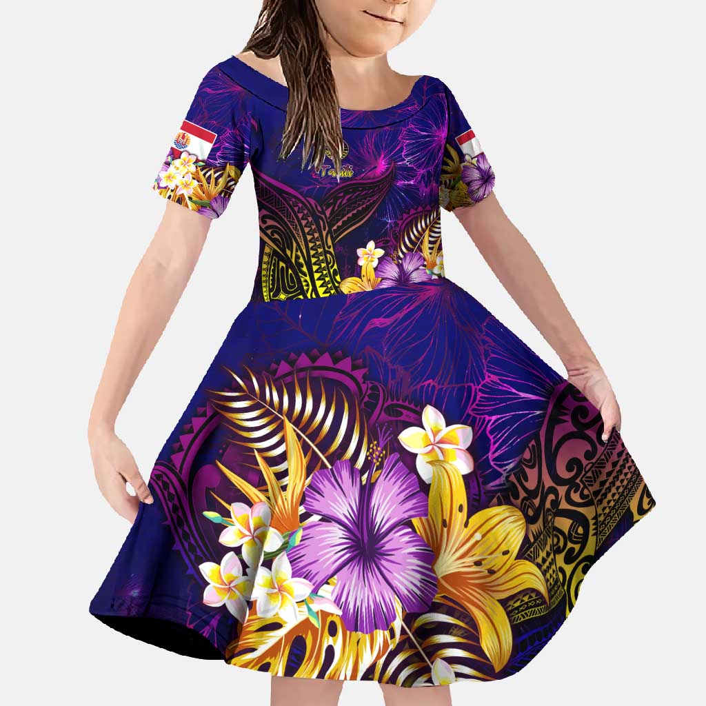 Tahiti French Polynesia Family Matching Long Sleeve Bodycon Dress and Hawaiian Shirt Whale Hibiscus Polynesian DT02 Daughter's Dress Purple - Polynesian Pride