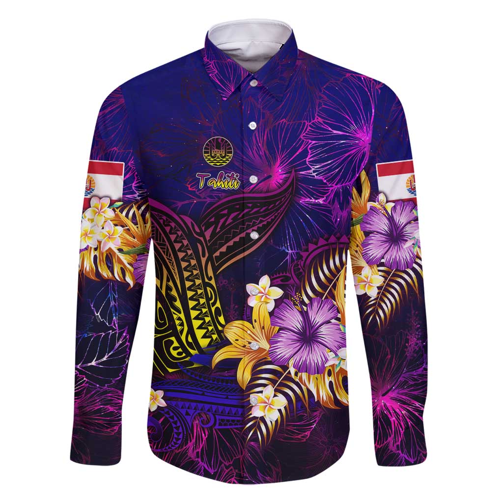Tahiti French Polynesia Family Matching Long Sleeve Bodycon Dress and Hawaiian Shirt Whale Hibiscus Polynesian DT02 Dad's Shirt - Long Sleeve Purple - Polynesian Pride