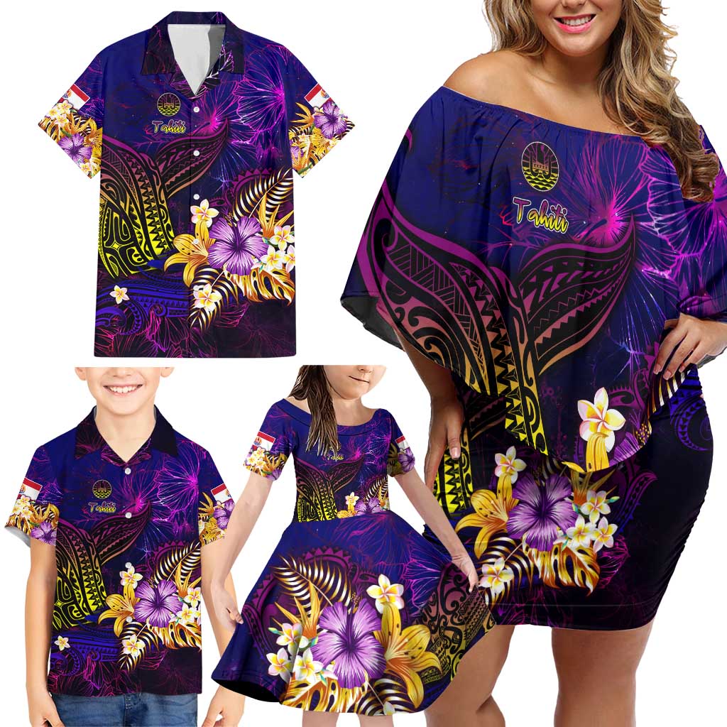 Tahiti French Polynesia Family Matching Off Shoulder Short Dress and Hawaiian Shirt Whale Hibiscus Polynesian