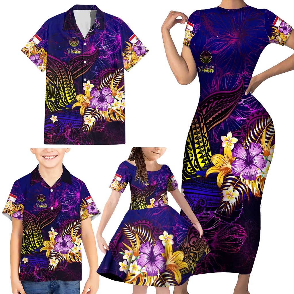 Tahiti French Polynesia Family Matching Short Sleeve Bodycon Dress and Hawaiian Shirt Whale Hibiscus Polynesian DT02 - Polynesian Pride