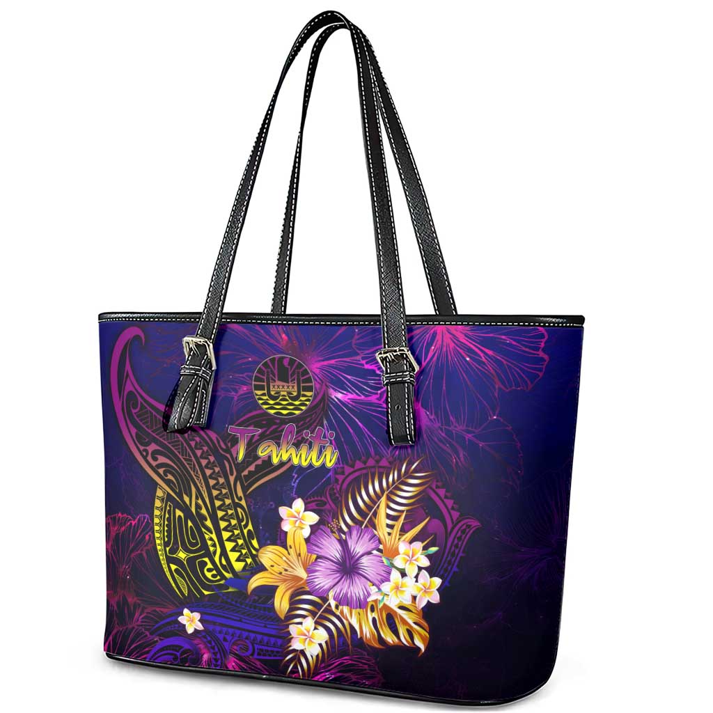 Tahiti French Polynesia Leather Tote Bag Whale Hibiscus Polynesian