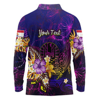 Tahiti French Polynesia Long Sleeve Polo Shirt Whale Hibiscus Polynesian
