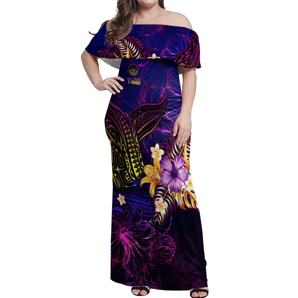 Tahiti French Polynesia Off Shoulder Maxi Dress Whale Hibiscus Polynesian