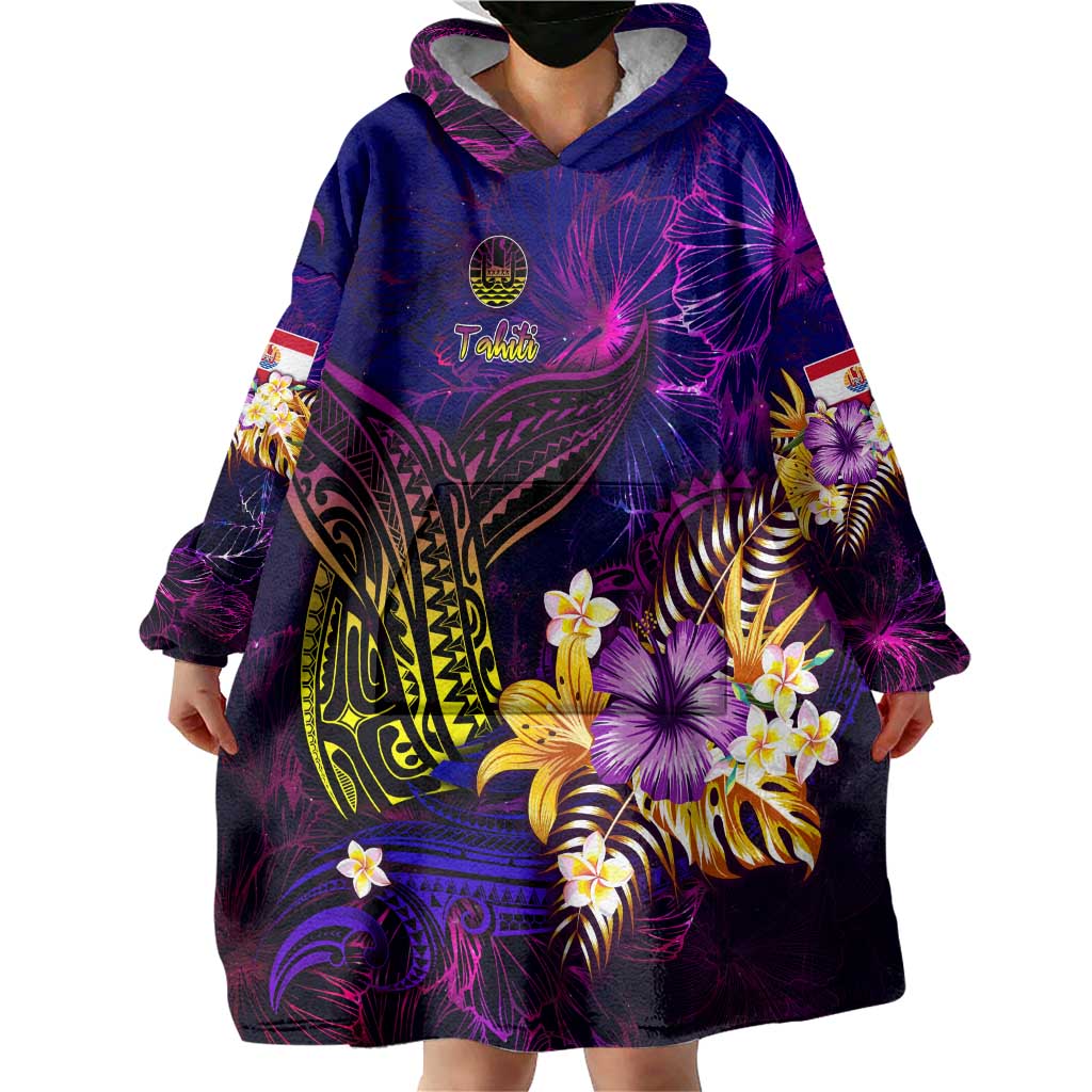 Tahiti French Polynesia Wearable Blanket Hoodie Whale Hibiscus Polynesian