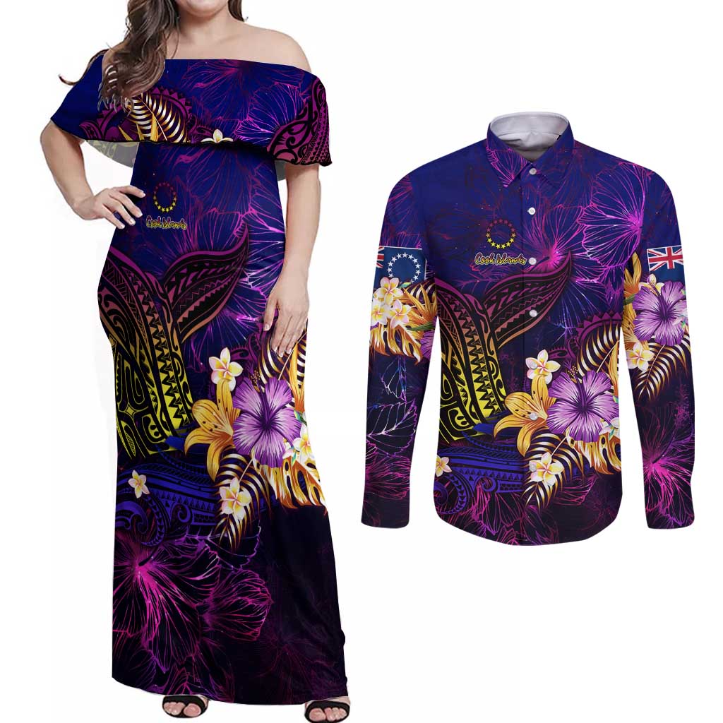 Cook Islands Couples Matching Off Shoulder Maxi Dress and Long Sleeve Button Shirt Whale Hibiscus Polynesian DT02 Purple - Polynesian Pride