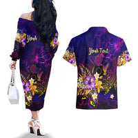 Cook Islands Couples Matching Off The Shoulder Long Sleeve Dress and Hawaiian Shirt Whale Hibiscus Polynesian