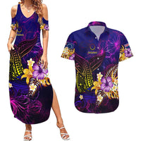 Cook Islands Couples Matching Summer Maxi Dress and Hawaiian Shirt Whale Hibiscus Polynesian DT02 Purple - Polynesian Pride
