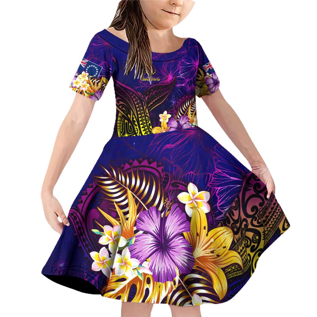 Cook Islands Family Matching Off Shoulder Short Dress and Hawaiian Shirt Whale Hibiscus Polynesian DT02 Daughter's Dress Purple - Polynesian Pride
